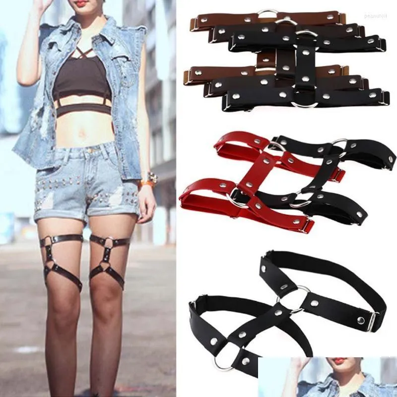 Garters 1 PC Fashion Women Sexy Harajuku Style Adjustable Elastic Leg Garter Belt Suspenders Rivet Ring PU Leather Punk Socks