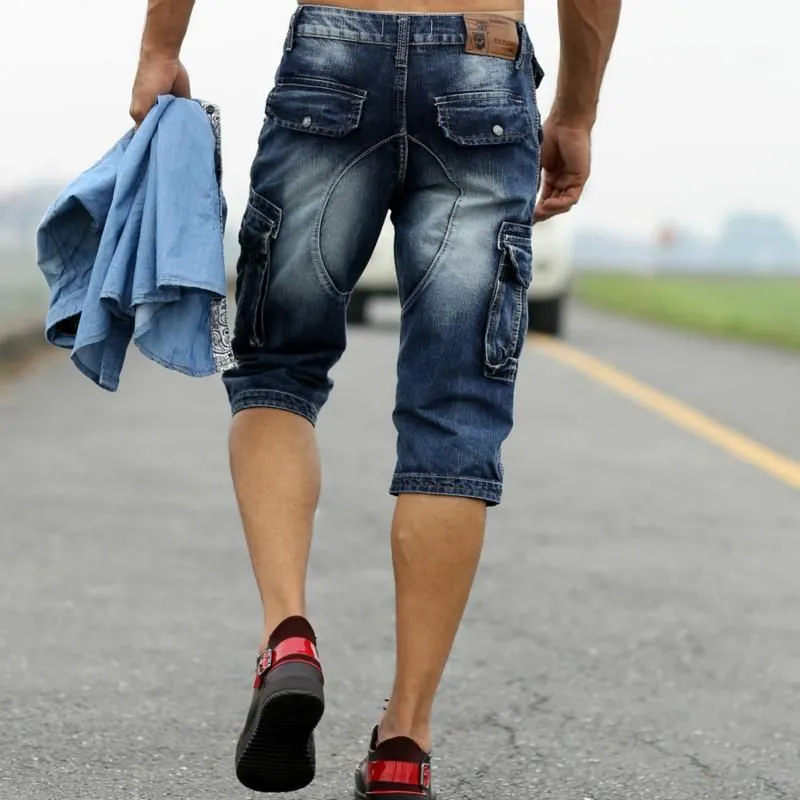 Men`s Jeans Summer Mens Retro Cargo Denim Shorts Vintage Acid Washed Faded Multi-Pockets Military Style Biker Short For MenMen`s