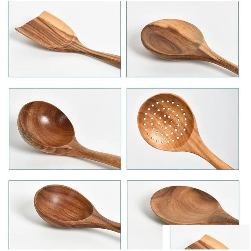 Spoons Teak Wood Tableware Spoon Colander Long Handle Wooden Non-Stick Special Cooking Spata Kitchen Tool Utensils Kitchenware Gift Db Dhkpa