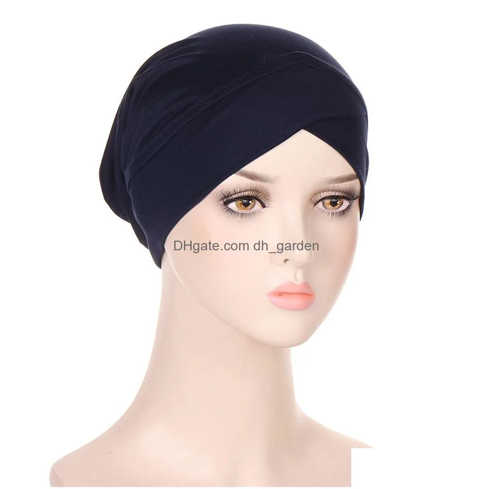 Beanie/Skull Caps New Women Muslim Hijab Inner Cap Underscarf Solid Color Head Scarf Cross Headband Headwrap Turban Drop Del Dhgarden Dhjfk