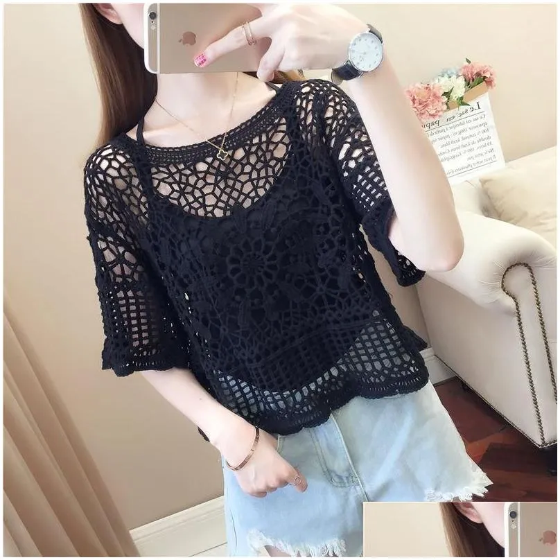 Women`S Blouses & Shirts Womens Women Blouse Y Clogheted Short-Sleeved Lace Shirt Loose Top For Blusas Ropa De Mujerwomens Drop Deliv Ot2Md