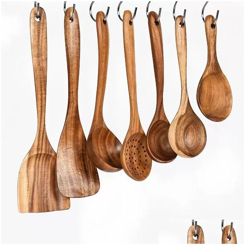 Spoons Teak Wood Tableware Spoon Colander Long Handle Wooden Non-Stick Special Cooking Spata Kitchen Tool Utensils Kitchenware Gift Db Dhkpa