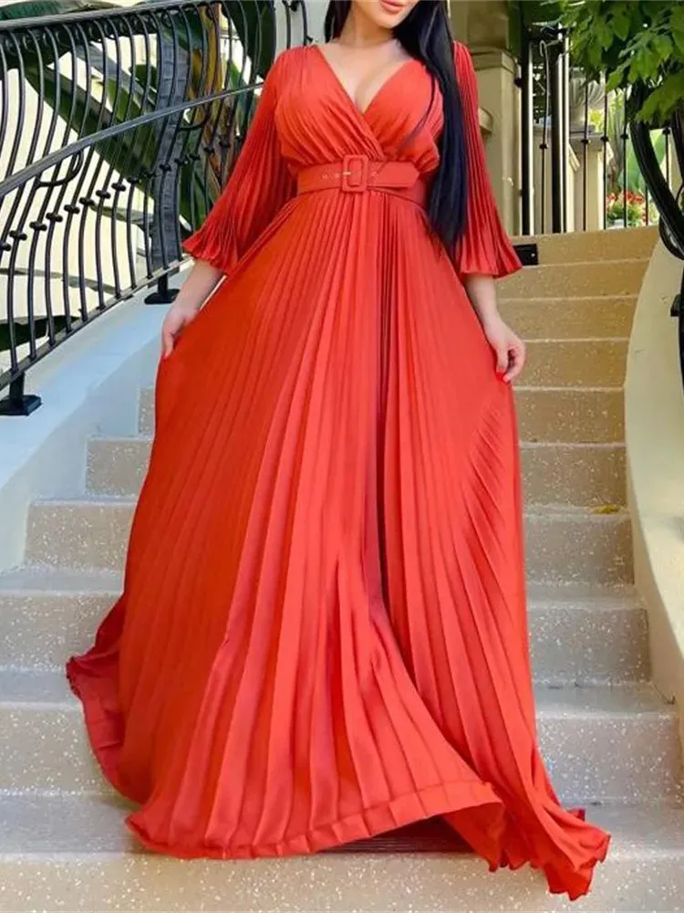Casual Dresses Sexy V-Neck Pleated Dinner Party Dress Women Yellow Elegant With Belt Long Sleeve Robe Femme African Maxi Red Vestido