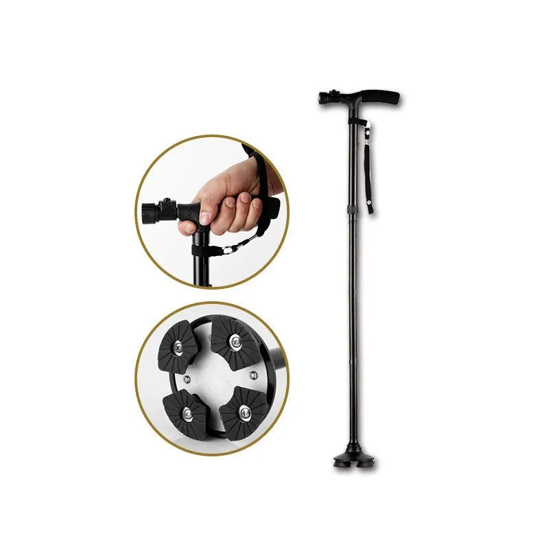 Folding Old Man LED Light Safety Walking Stick 4 Head Pivoting Trusty Base For THandlebar Trekking Hiking Poles Cane for elders4140694