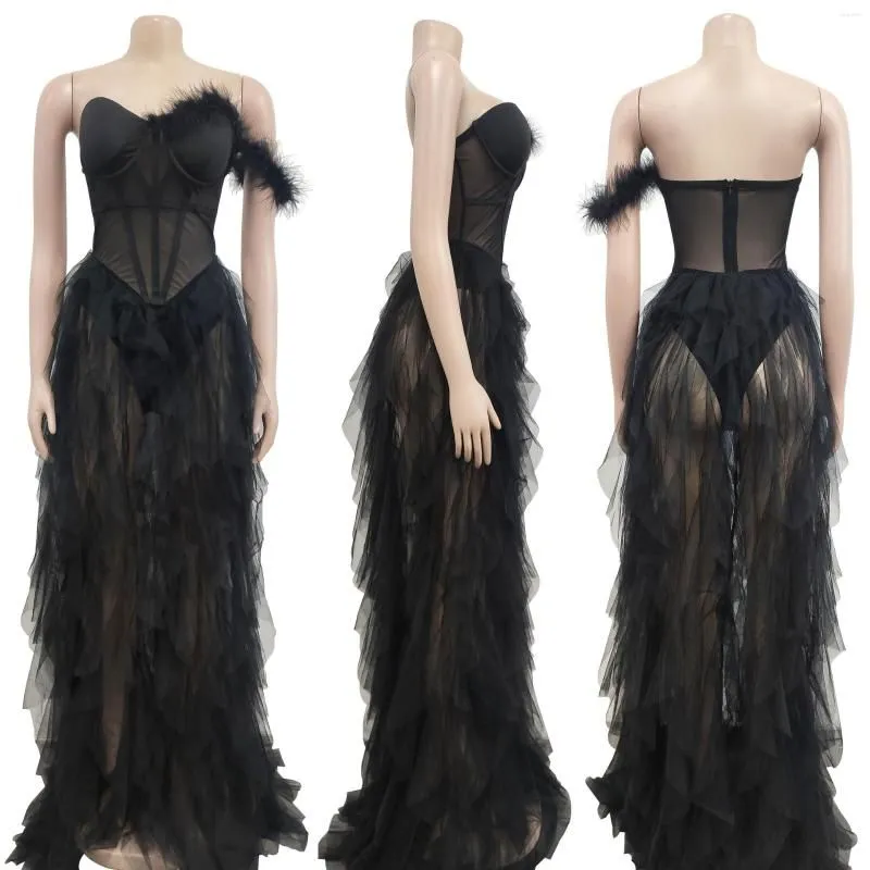 Casual Dresses Sexy Mesh Feather Birthday Party Prom Corset See Through Night Club Wedding Evening Gowns Women Clubwear Long Dress