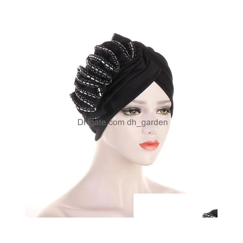 Beanie/Skull Caps Muslim Women Solid Pre Tied Ruffle Turban Hat Cancer Chemo Beanie Flower Drill Cap Headwear Headwrap Head Dhgarden Dhzud