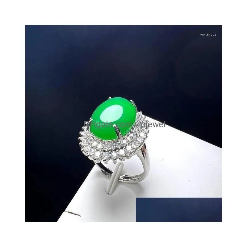 Wedding Rings Natural Stone Green Agate Finger Ring Charm Adjustable Oval Copper For Women 2023 Drop Delivery Jewelry Dhx7M