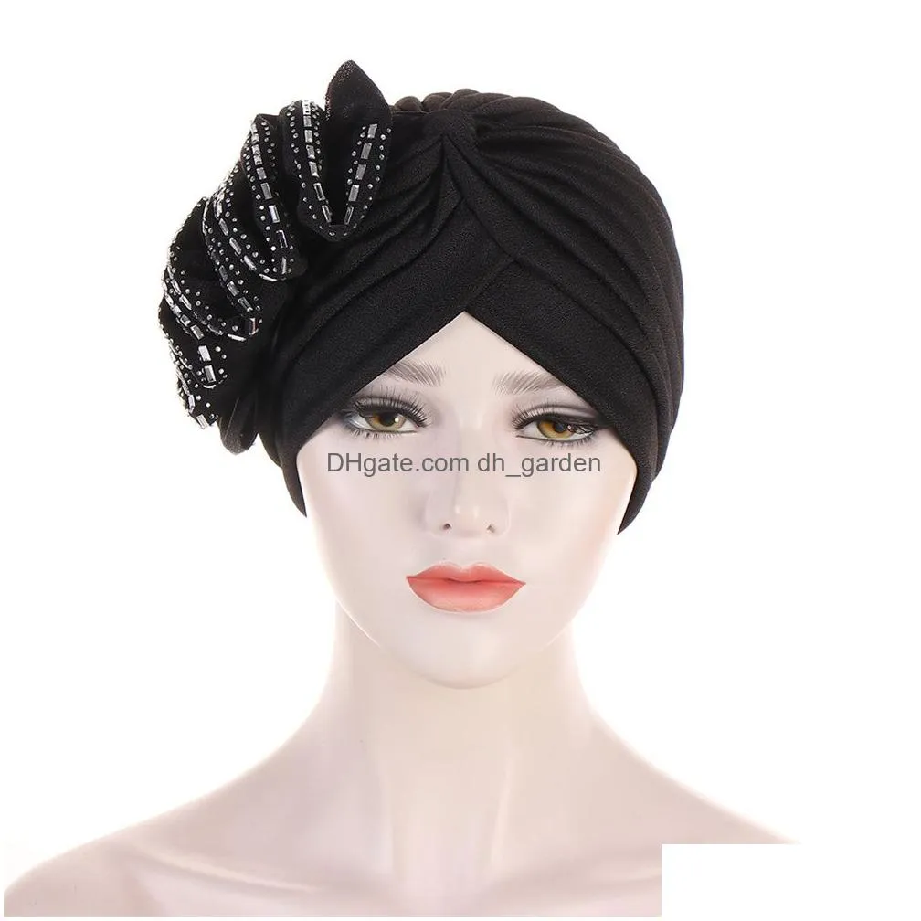 Beanie/Skull Caps Flower Hijab Turban Muslim Women With Diamonds Soild Color Headscarf Bonnet Inner Hijabs Arab Head Wraps I Dhgarden Dhgqh