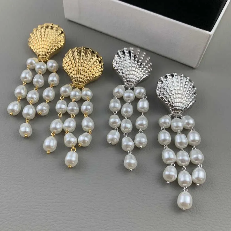 2022 Brand Fashion Pearl Jewelry Gold Color Shell Design Earrings Tassel Pearls Wedding Party Luxury Brand Top Quality Big Size5645098