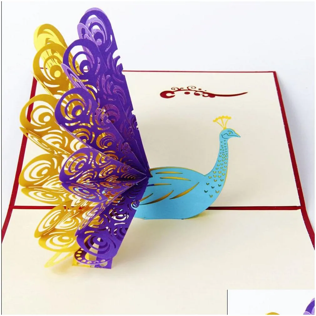 Greeting Cards Vintage 3D  Up Paper Laser Cut Custom Peacock Happy Birthday Postcards For Lover Thank You 10Pc Drop Delivery Home G Dh9Ue