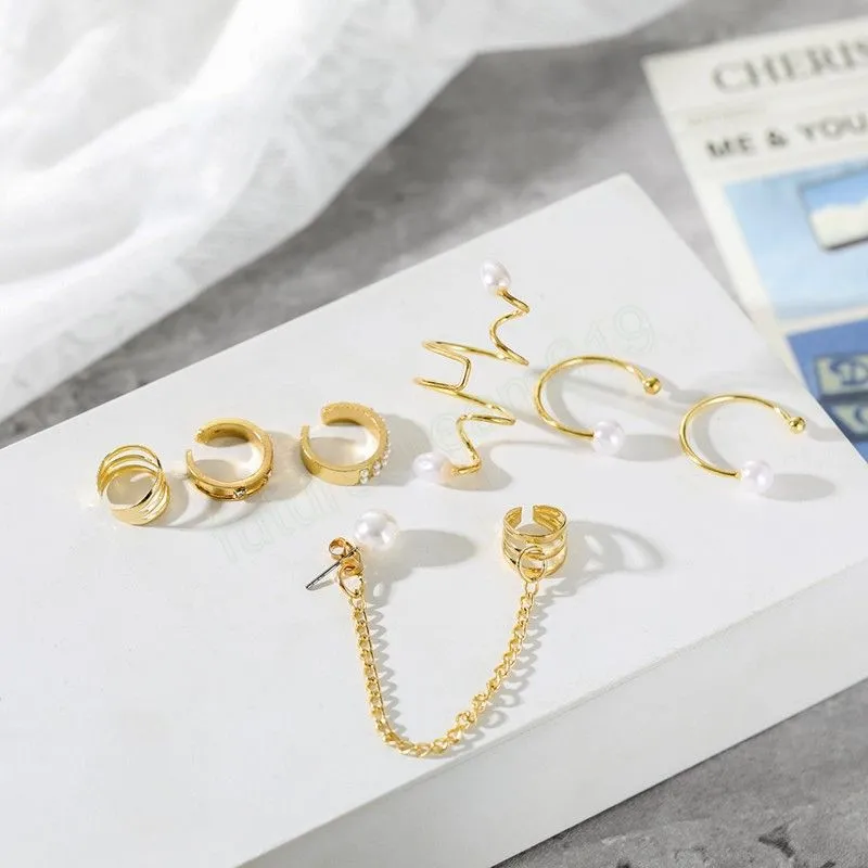 Boho Imitation Pearl Ear Cuff Earrings 7 Piece Set Gold Color Metal Tassel Pierced Earring Girls Fashion Birthday Jewelry Gift