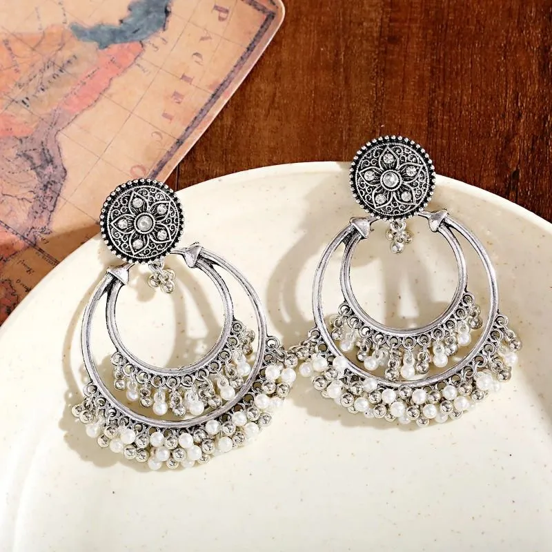 Retro Bohemia Round Jhumka Earrings for Women 2024 Indian Jewelry Ethnic Gold/Silver Color Flower Pearl Tassel Earrings Wedding