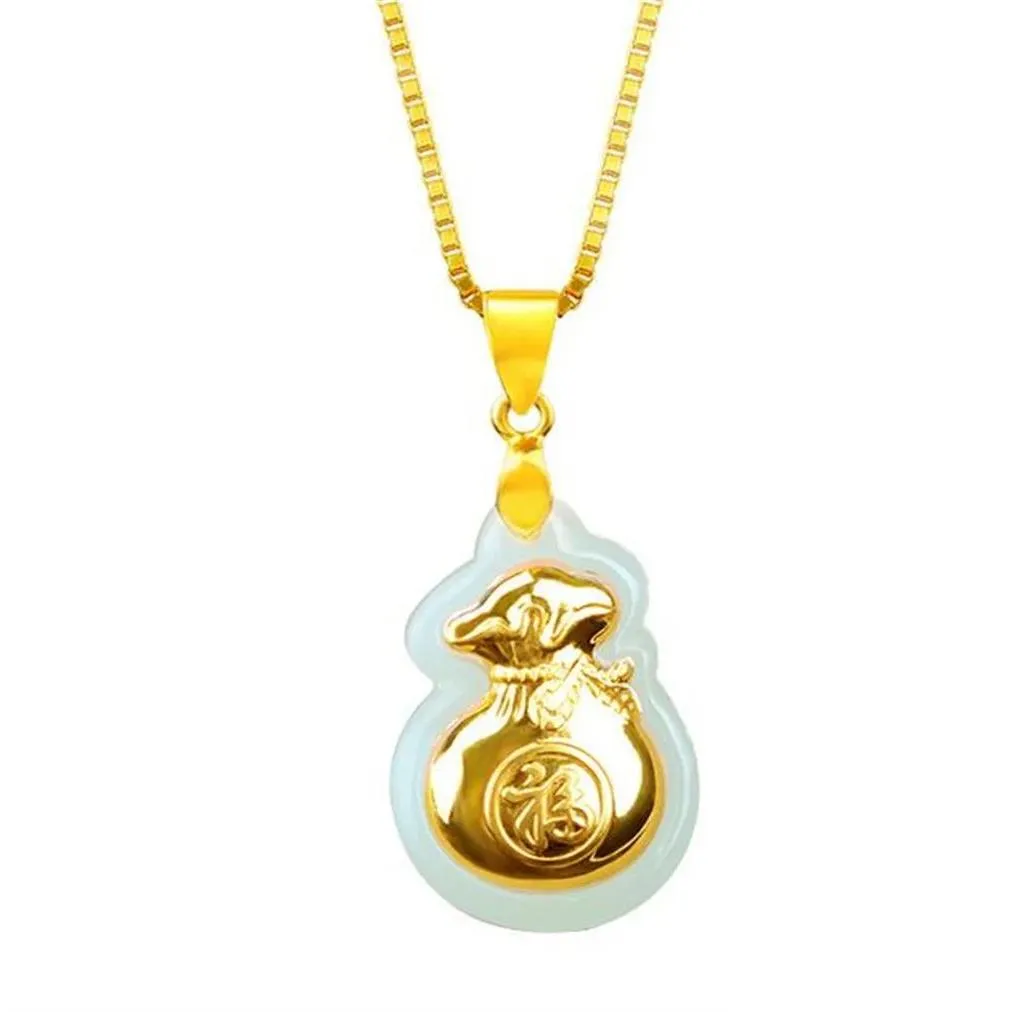 Pendants Natural White Hetian Jade + 18K Solid Gold Inlaid Carved Money Bag Lucky Pendant + Free Necklace Fine Jewelry + Certificate
