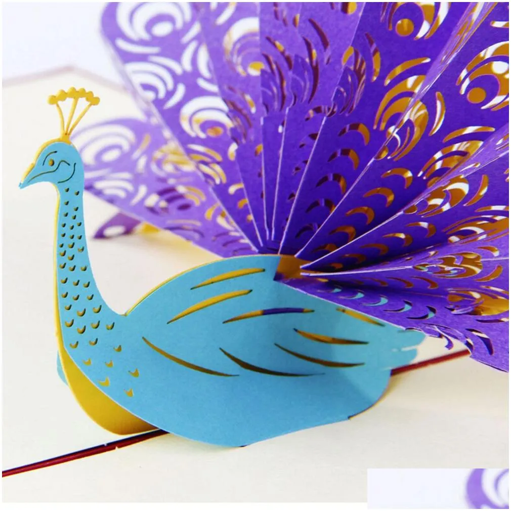 Greeting Cards Vintage 3D  Up Paper Laser Cut Custom Peacock Happy Birthday Postcards For Lover Thank You 10Pc Drop Delivery Home G Dh9Ue