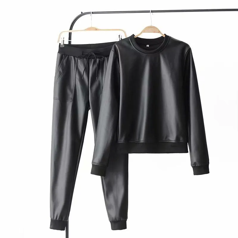 Summer New women`s Leather Jacket Round Neck Sweater + Leather Pants Suit Manufacturers Jacket Women