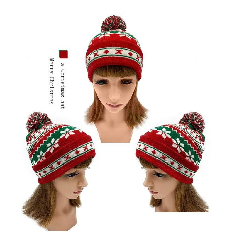 Beanie/Skull Caps Winter Men Womens Warm Beanie Green And Red Snowflake Couples Ribbed Hat Thick Knitted Christmas Gift Drop Delivery Dhbtb