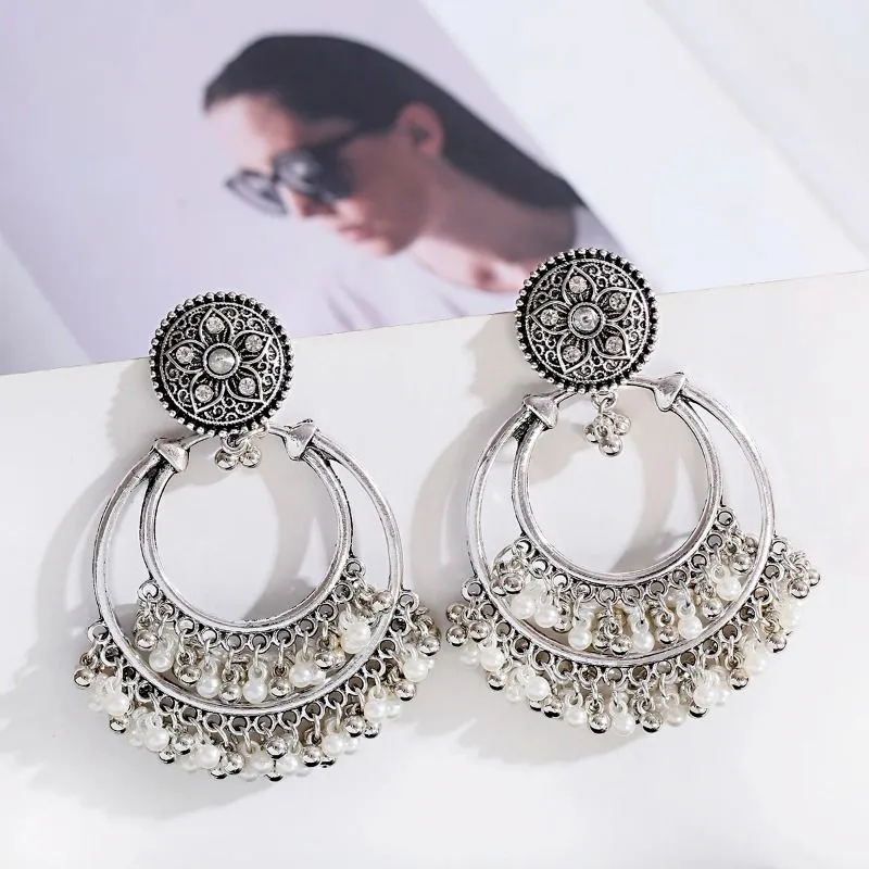 Retro Bohemia Round Jhumka Earrings for Women 2024 Indian Jewelry Ethnic Gold/Silver Color Flower Pearl Tassel Earrings Wedding