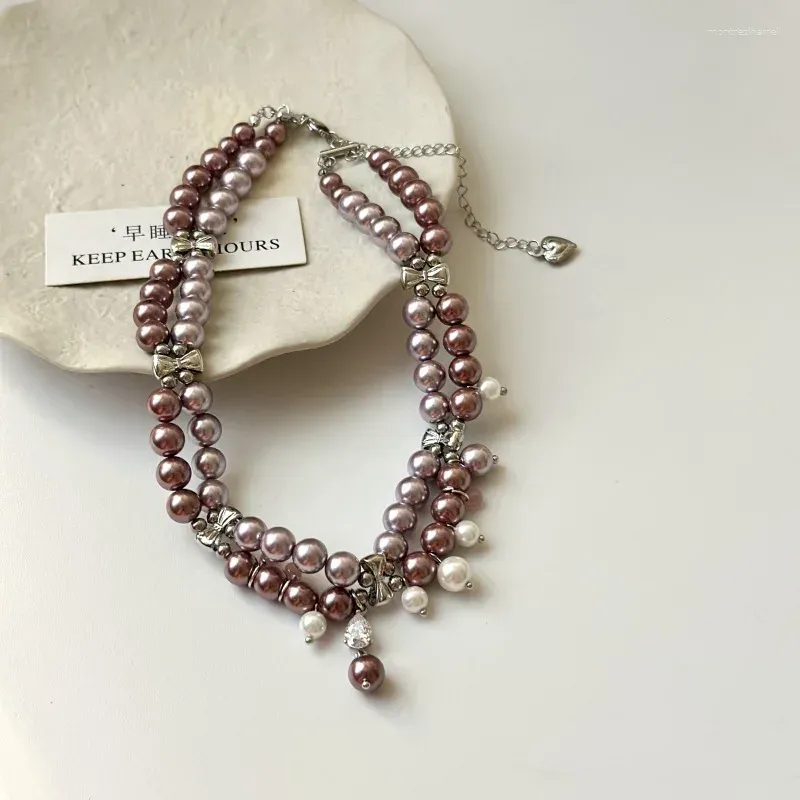 Chains Pink Purple Pearl Multi-layer Necklace Choker Minority Design Personality Joker Advanced