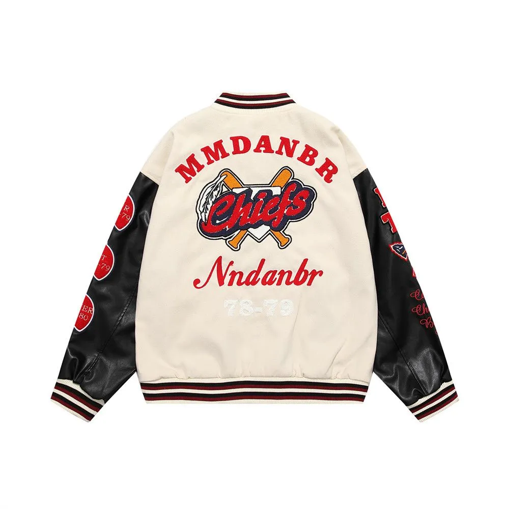 Men`s Jackets Varsity Casual Contrast stitching PU leather sleeve heavy industry embroidery letter racing jacket jacket American high street loose