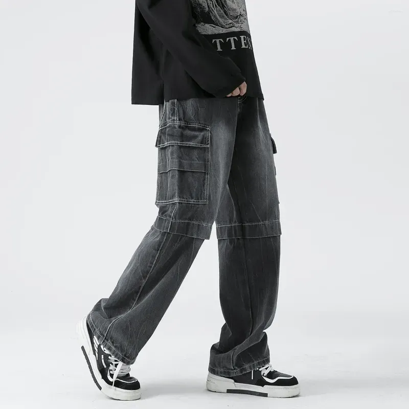 Men`s Jeans Tie Dye Retro Cargo Fashion High Street Wide Leg Hip Hop Splicing Trousers Large Pocket Male Baggy Denim