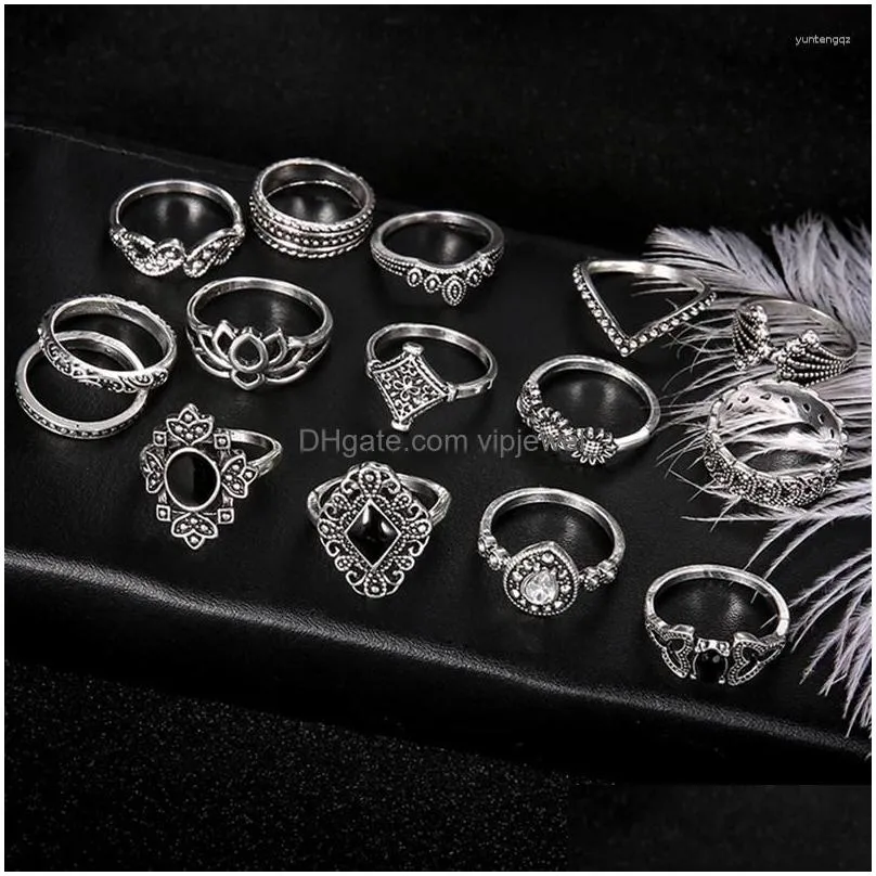 Wedding Rings 15Pcs/Set Bohemian Style Vintage Black Stone Geometric For Women Promise Set Fashion Accessories Banquet Party Gift Dr Dhj5A