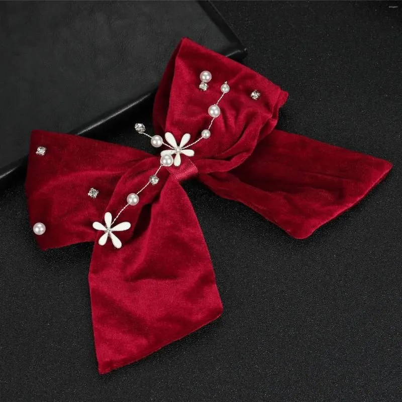 Hair Clips Red Bow Pearls Crystal Flower Barrettes Hairpins For Women Rhinestone Velvet Ribbon Headband Accessor