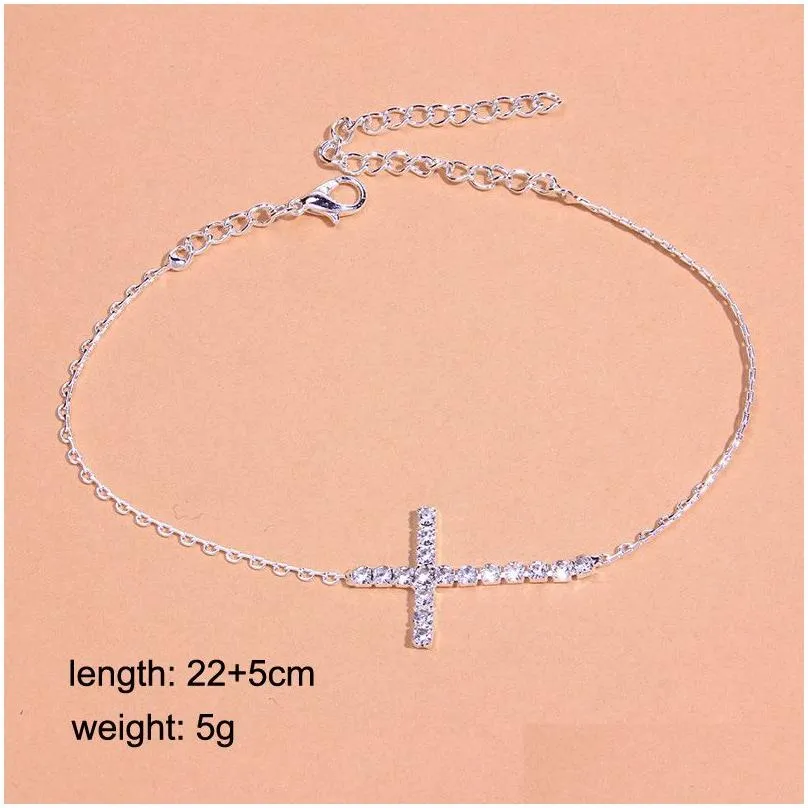 Anklets Fashion Sier Gold Beach Bracelet Women Girls Classic Rhinestone Cross Anklet Summer Holiday Foot Bracelets Jewelry Set Drop D Dhbpr