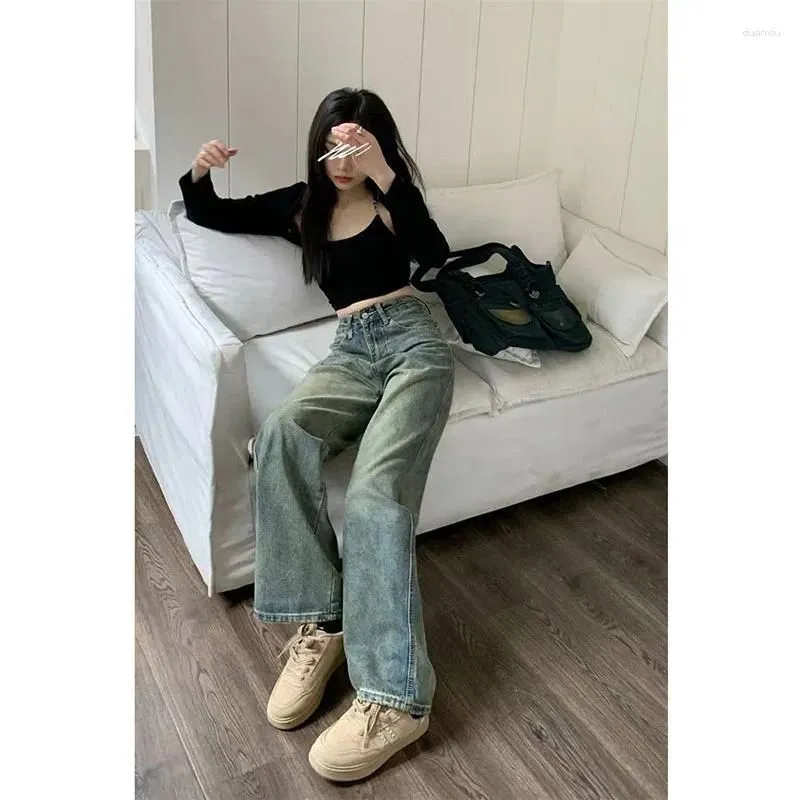 Women`s Jeans Vintage 90S Baggy Straight Denim Trousers Female Y2K High Waist Loose Wide Leg Women Streetwear All-Match Casual Pants