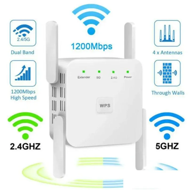 2024 AC1200M Dual Frequency Repeater Wireless Signal Amplifier 5G High Power Wall Extender AP Transmitter White