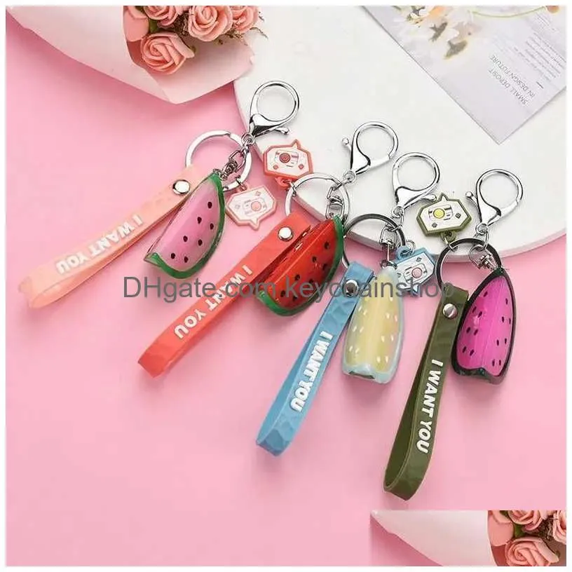 Keychains & Lanyards Creative Fruit Keychain Luminous Watermelon Key Ring Gift For Women Couple Car Bag Pendant Chains R231003 Drop D Dhkpe