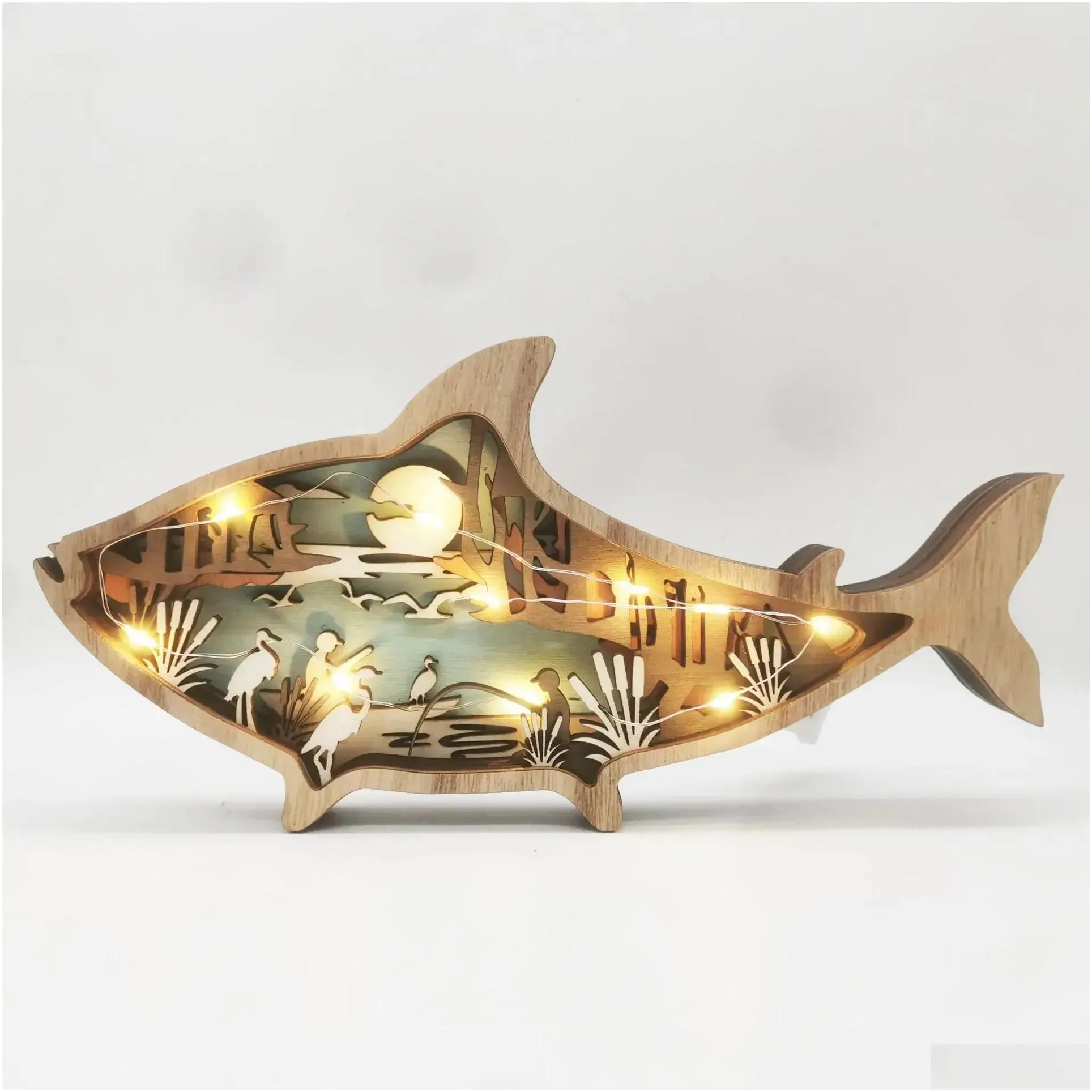 Tools New Marine Animal Wooden Handicraft Creative Marine Wind Wooden Carving Fish Table Decoration With Light 3D In Home Room