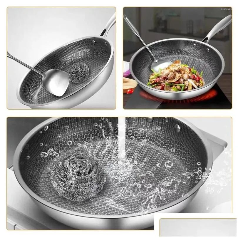 Pans Stainless Steel Wok Non Stick Honeycomb Double Sided Stir-fry Pan Non-stick Cookware Cooker