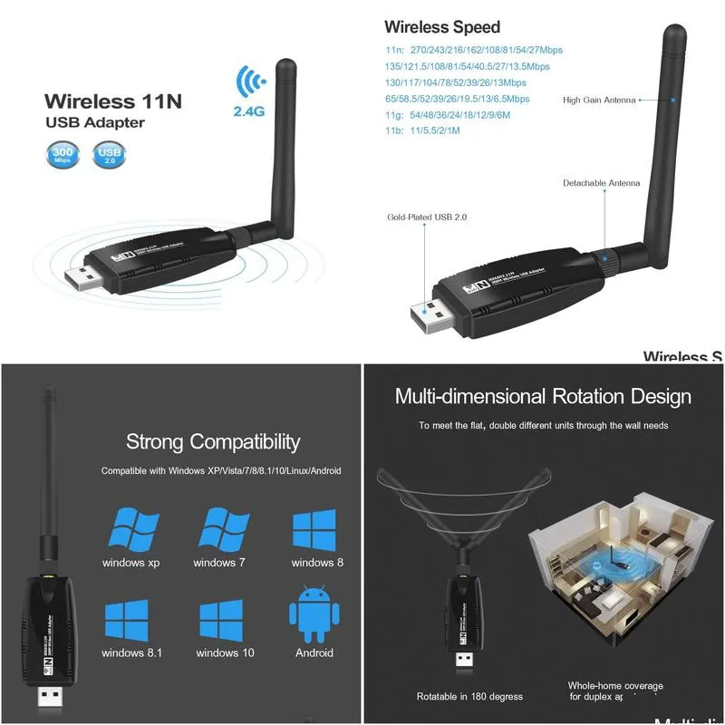 Mini USB Wifi Adapter Antenna Wifi Network Card Lan Wireless Network Card Dongle 300Mbps 20dB 80211bng USB Ethernet Adapter9203309