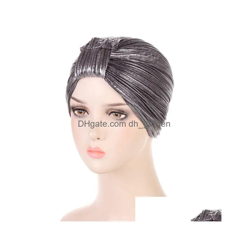 Beanie/Skull Caps New Women Turban Hats - Solid Ruffle Drill Knotted Pre Tied Chemo Beanies Headwraps Grate For Head Er Drop Dhgarden Dhyne