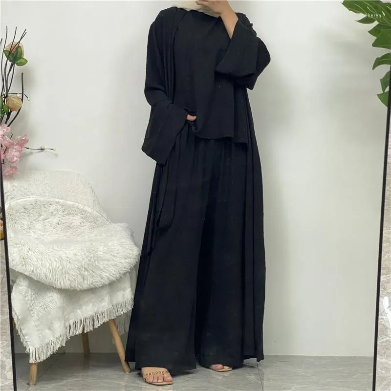 Ethnic Clothing 3 Piece Sets For Muslim Women Long Cardigan Top And Pants With Pockets Islamic Robe Modest Eid Ramadan Abaya Suits