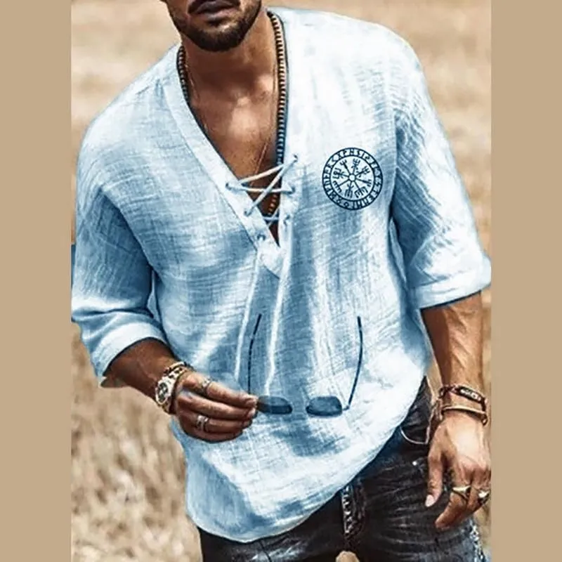 Men`s Casual Shirts Renaissance  Medieval Cosplay Halloween Costume Men Shirt V Neck Lace Up Vintage Half Sleeve Linen Blouse