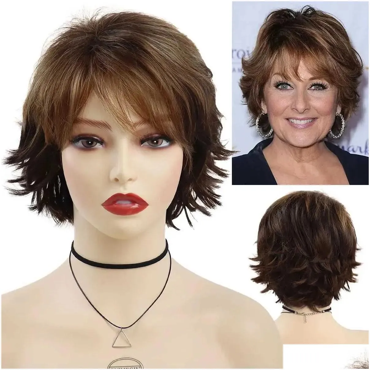 Hair Wigs Synthetic Brown Short Curly Wig for Women Girls Pretty Sweet Hairstyle Wig with Bangs Daily Cosplay Party Casual Hair 240306