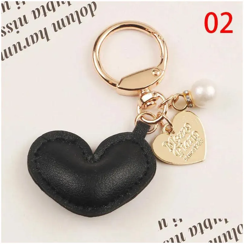 Keychains & Lanyards Fashion Heart Leaer Keychain Metal Gold-Color Tag Pearl Key Ring Bag Pendant Accessories For Women Holder Jewelr Dhjbo