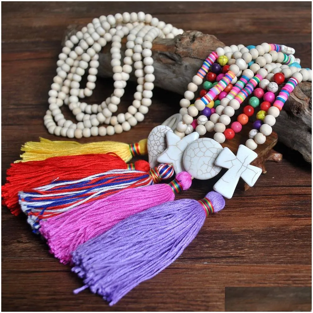 Pendant Necklaces Womens Fashion Long Chain Colorf Wood Beads Tassel Necklace Heart Cross Star Lovely Diy Jewelry Drop Delivery Pendan Dhopy