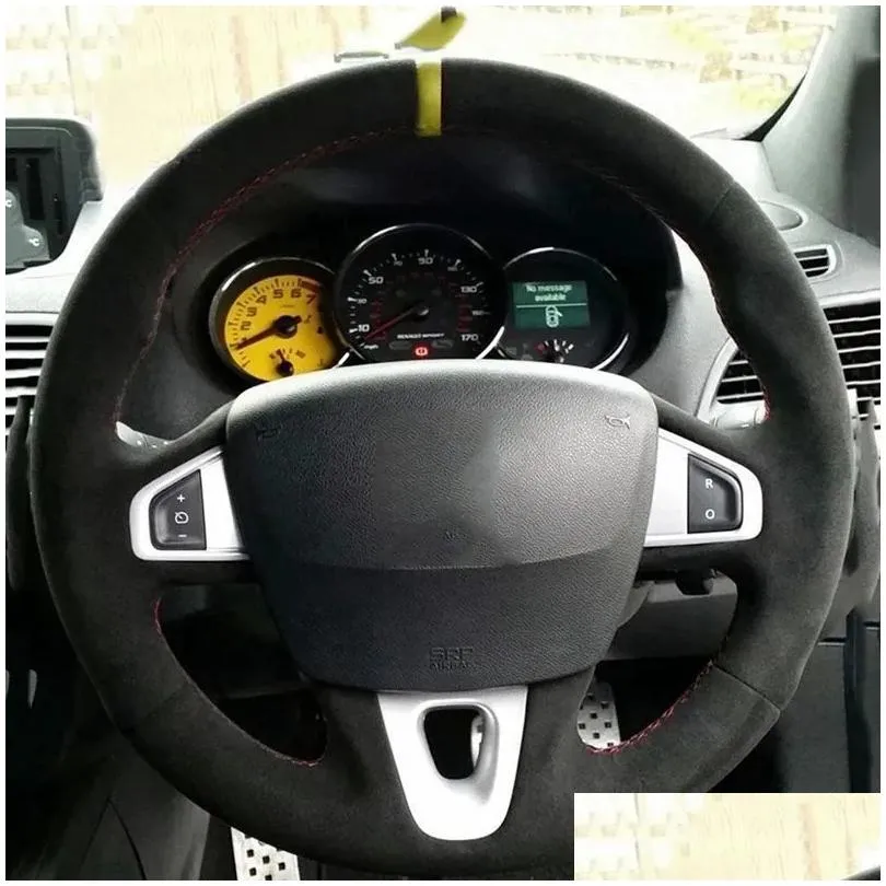 Handstitched Black Genuine Leather Suede Car Steering Wheel Cover For Renault Megane 3 Coupe RS 201020165363860