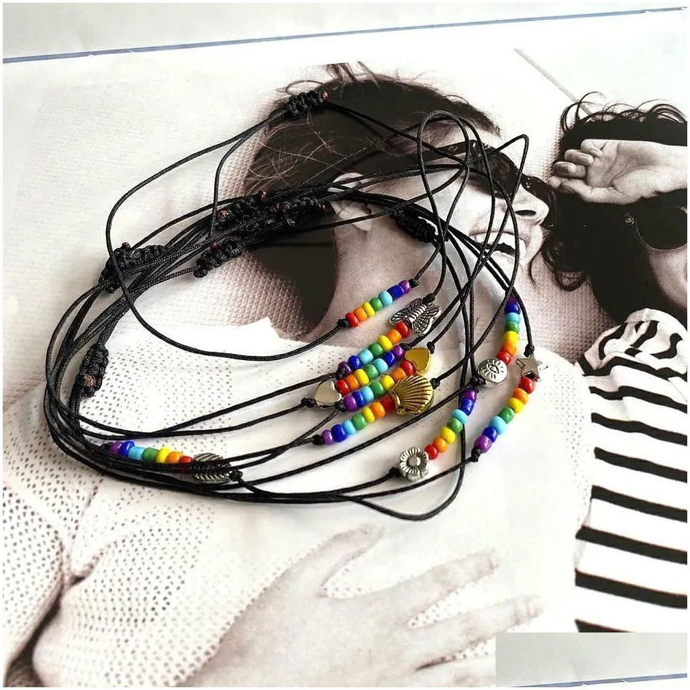 Identification 2021 Fashion Weaven Adjustable Bracelets Boho Black Cord Butterfy Heart Seashell Evil Eye Charms Stackable Bracelet Ko Dhz2B