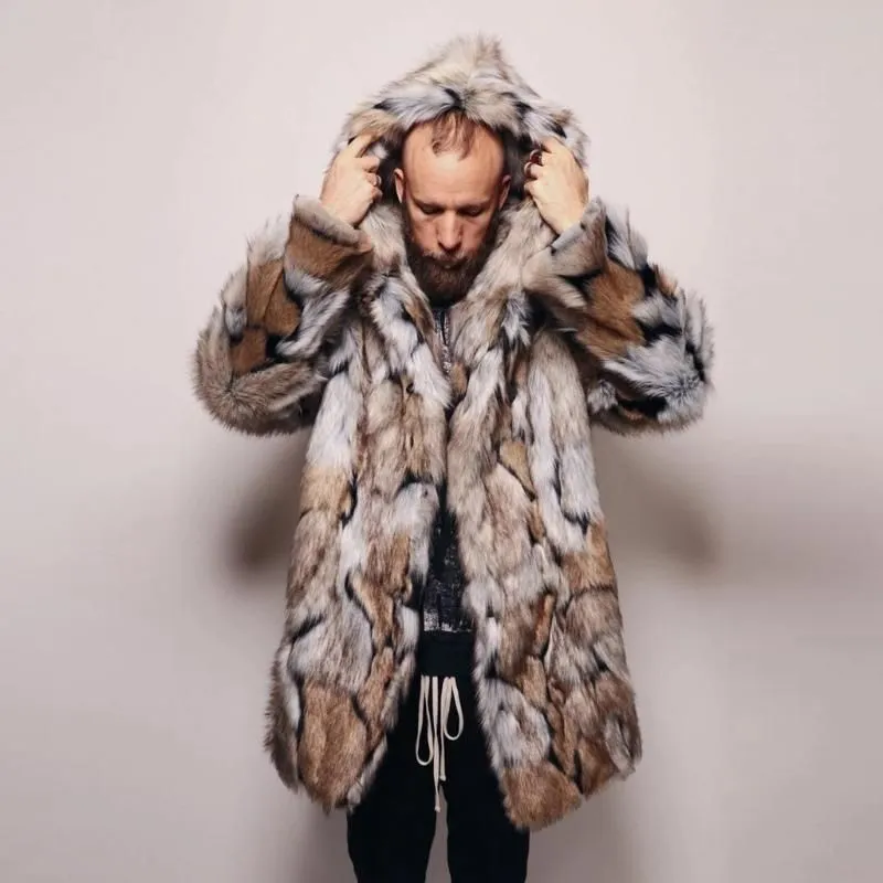 Men`s Jackets Fashion Mens Warm Leopard Thick Hooded Coat Jacket Faux Fur Outwear Overcoat
