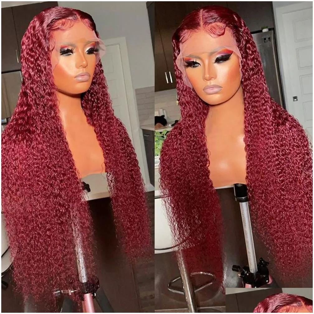 Brazilian Hair Deep Wave Wig Burgundy Red Lace Front Wig 13x4 Hd Lace Frontal Wig 360 Full Lace Front Synthetic CurlyWig Pre Plucked