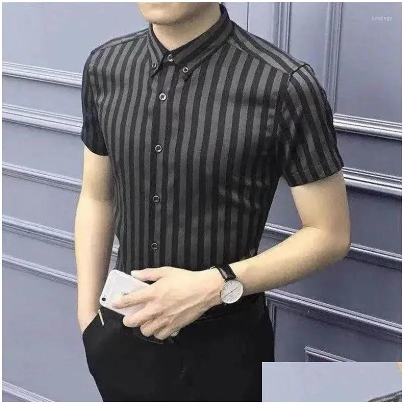 Men`s Dress Shirts And Blouses For Men Business Clothing Short Sleeve Man Tops Striped Muscle Casual With Collar Fashion 2024 Korean Style