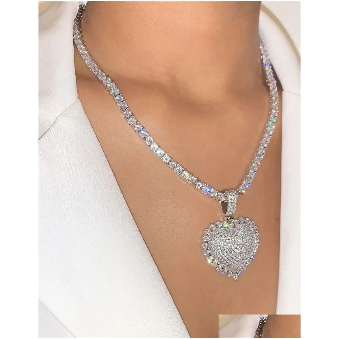 Pendant Necklaces 2021 Iced Out Bling Women Jewelry Micro Pave 5A Cz Cubic Zirconia Big Heart Tennis Chain Sparking Necklace Designers Otnxm