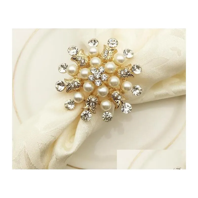 Napkin Rings Luxury Pearl Diamond El Wedding Supplies Ring Gold Plated Buckle Desktop Decoration Drop Delivery Home Garden Kitchen, Di Dhcse