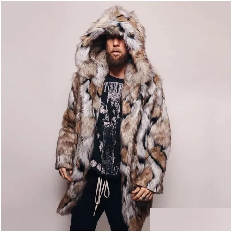 Men`s Jackets Fashion Mens Warm Leopard Thick Hooded Coat Jacket Faux Fur Outwear Overcoat