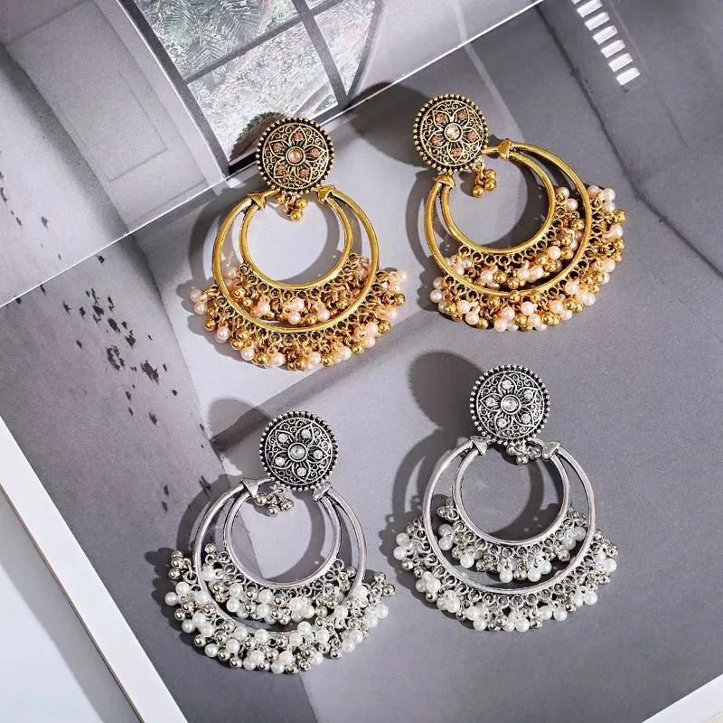 Retro Bohemia Round Jhumka Earrings for Women 2024 Indian Jewelry Ethnic Gold/Silver Color Flower Pearl Tassel Earrings Wedding