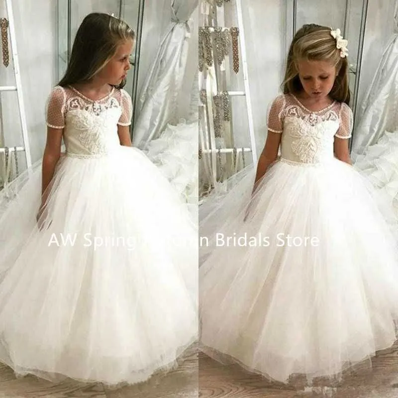 Girl`s Dresses Vintage Beads Flower Girl White Puffy Toddler Ball Gown First Communion Frock Design With Sash Party GownsGirl`s