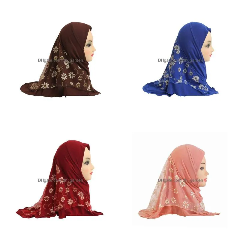 Beanie/Skull Caps 2-6 Years Muslim Kids Girls Mesh Flower Hijab One Piece Amira Head Scarf Hat Turban Shawls Wrap Pl On Read Dhgarden Dhx0V